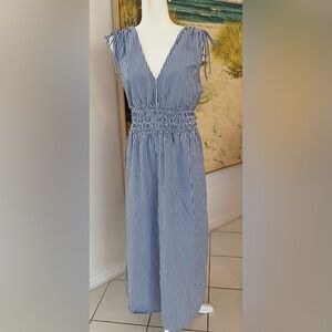 Blue and White Pinstripe Midi Dress